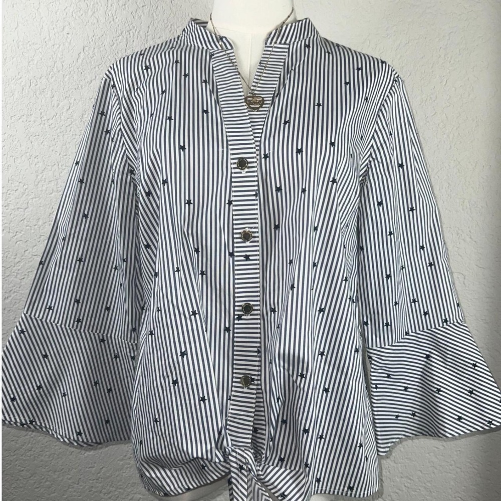 Jones New York Blue White Stary Striped Tieup Top Fourth of July Patriot America